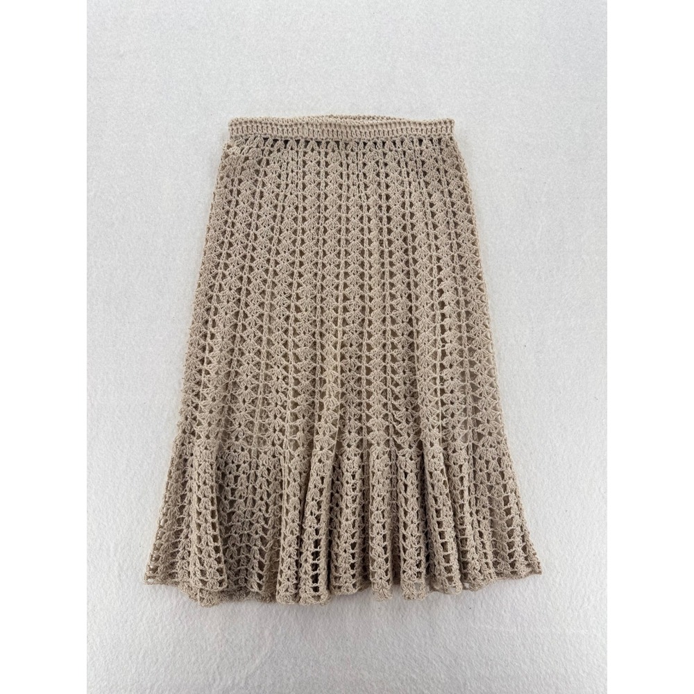 Vintage Handmade Tan Crochet Knit Midi Skirt Boho Open Weave Summer‎ Festival